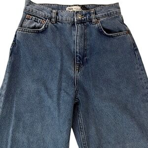 Zara 90s Full Length Wide Leg Jeans Size 2 Distressed Ripped Knee Denim Retro